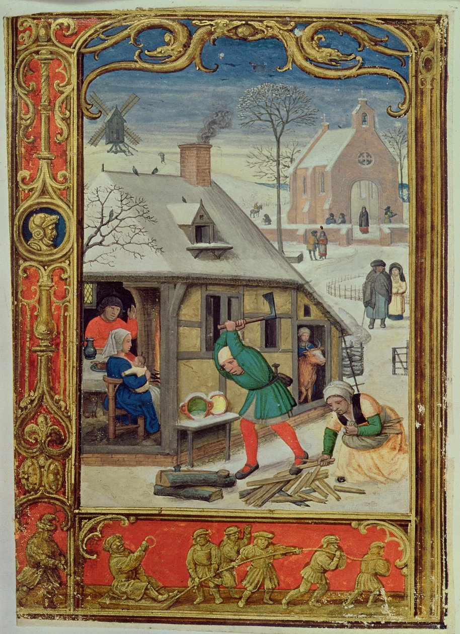 Lägg till 24098 f.18v januari: hugga stockar och pulka, från en timbok, eller golfboken, c.1520-30 (vellum) av Simon (workshop of) Bening