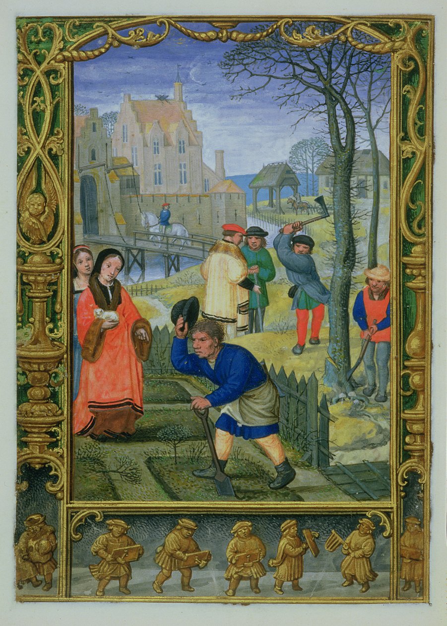 Lägg till 24098 f.20v mars: Trädgårdsskötsel och fällning av träd, från en timbok, eller golfboken, c.1520-30 (vellum) av Simon (workshop of) Bening