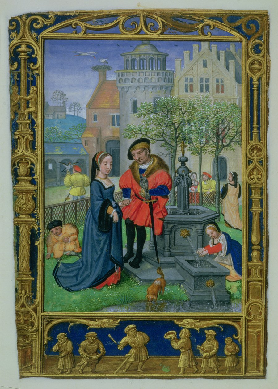Lägg till 24098 f.21v april: Uppvaktning, från en timbok, eller golfboken, c.1520-30 (vellum) av Simon (workshop of) Bening