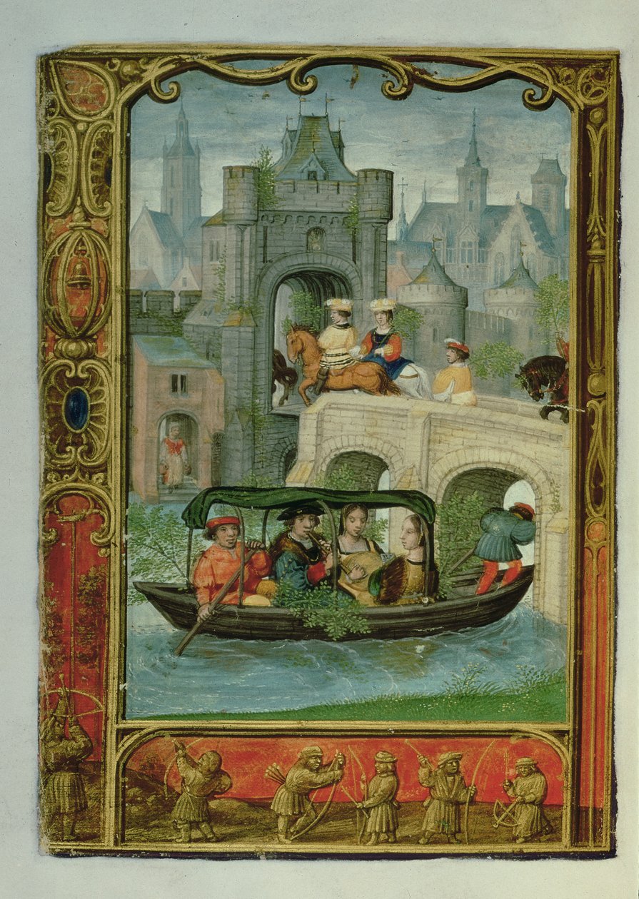 Lägg till 24098 f.22v maj: En båtfest och bågskytte, från en timbok, eller golfboken, c.1520-30 (vellum) av Simon (workshop of) Bening