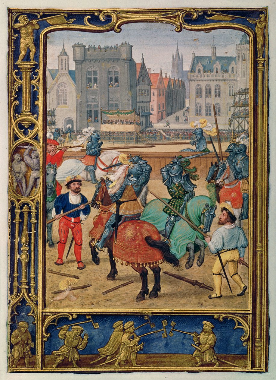 Lägg till 24098 f.23v juni: tornerspel och en lek med hobbyhästar, från en timbok eller golfboken, c.1520-30 (vellum) av Simon (workshop of) Bening