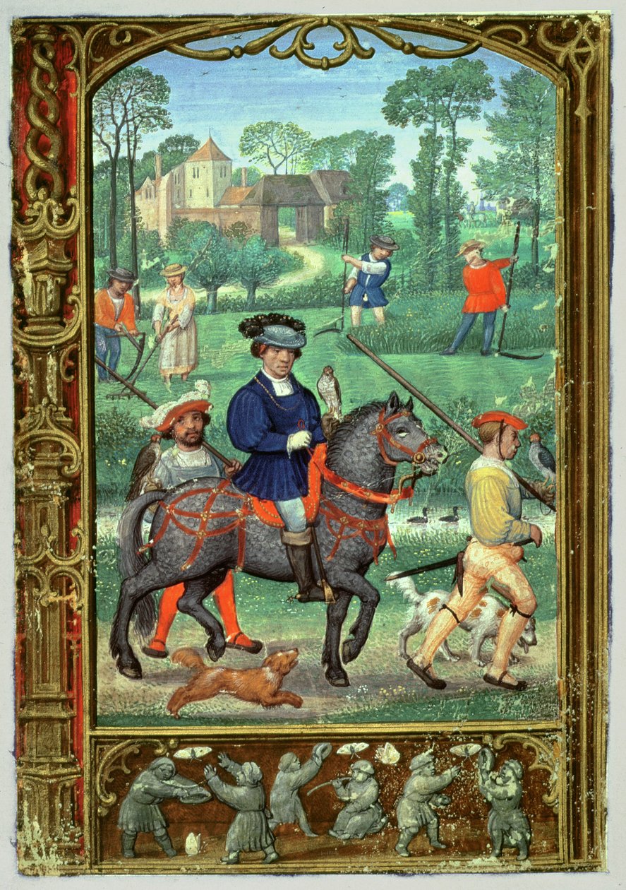Lägg till 24098 f.24v juli: Falkejakt, höskötsel och jagande av fjärilar, från en timbok, eller golfboken, c.1520-30 (vellum) av Simon (workshop of) Bening