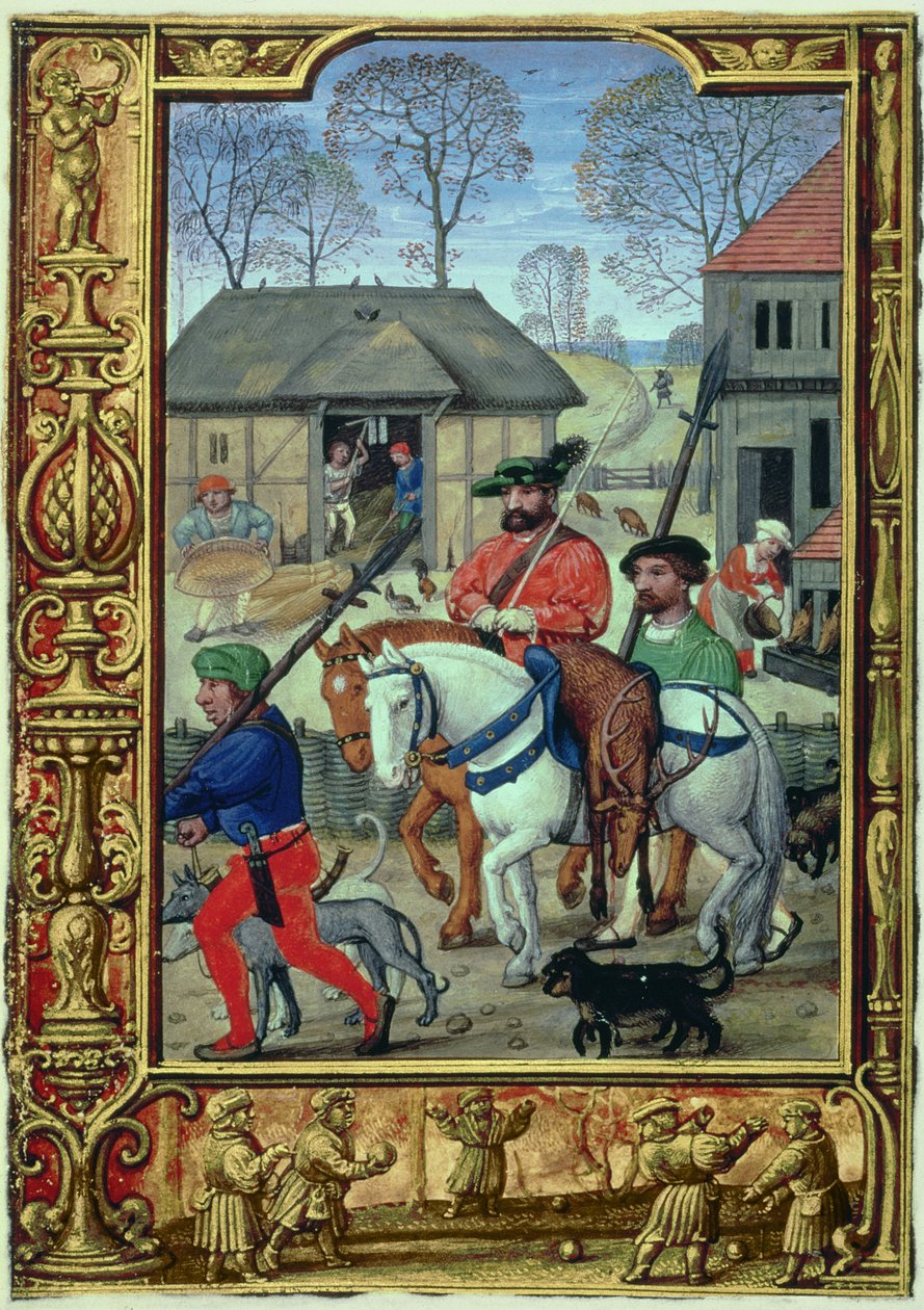 Lägg till 24098 f.28v november: Återvänd från jakten, från en timbok eller golfboken, c.1520-30 (vellum) av Simon (workshop of) Bening