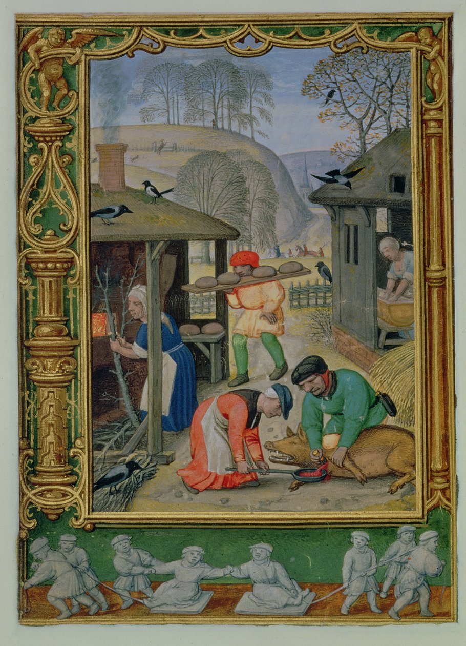 Lägg till 24098 f.29v December: Förbereda mat för vintern, baka bröd och döda en gris, från en timbok, eller golfboken, c.1520-30 (vellum) av Simon (workshop of) Bening