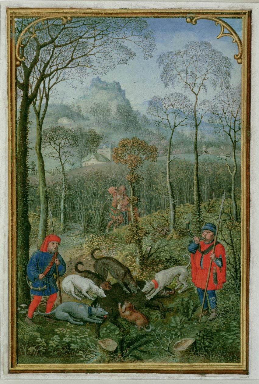 18855 f.108v december: dödande av galten, från en timbok, c.1540 (vellum) av Simon Bening