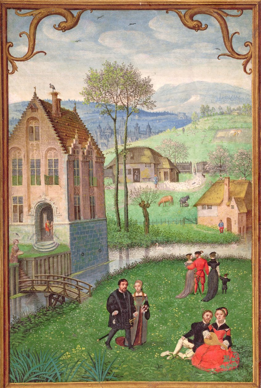 Lägg till 18855 April: par som gör uppvaktning, från en timbok, ca 1540 av Simon Bening
