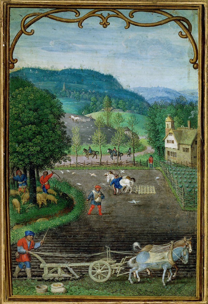 Lägg till 18855 oktober: plöjning och sådd, från en timbok, ca 1540 av Simon Bening
