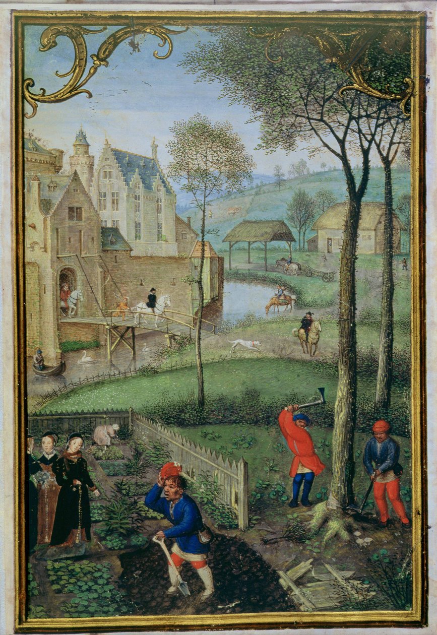Lägg till 18855 f.108 mars: fällning av träd, från en timbok, c.1540 (vellum) av Simon Bening
