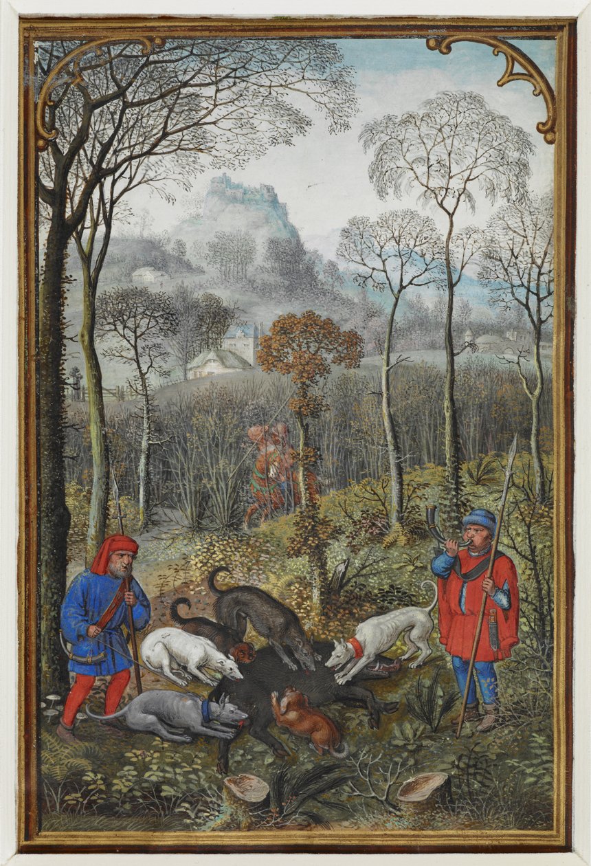 Lägg till MS 18855 f.108v Kalenderminiatyr för december som visar ett galtjaktsvellum) av Simon Bening