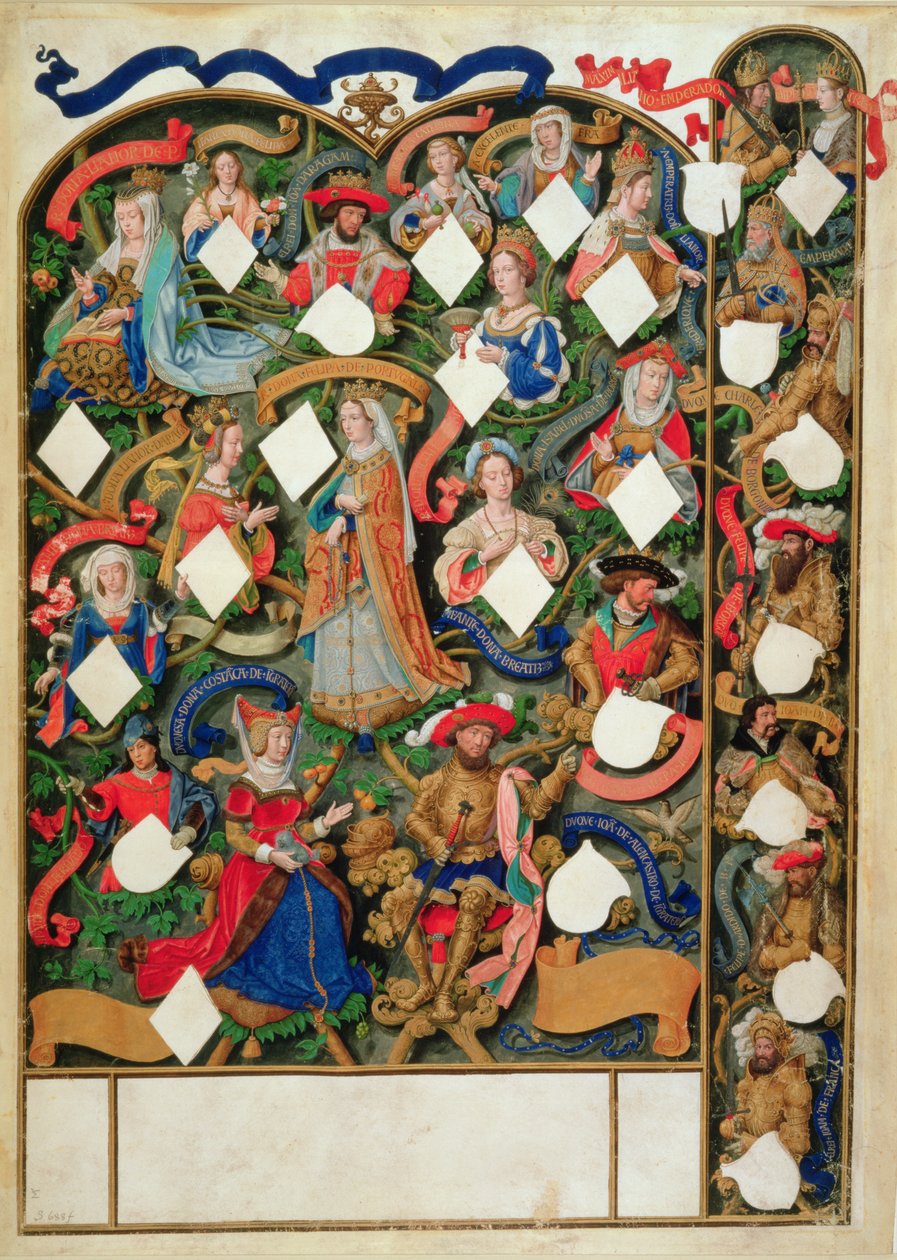 Lägg till Ms 12531 f.10 Genealogical tree of John of Gaunt av Simon Bening