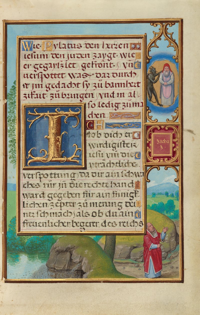 Rand mit der Vision des Hohenpriesters und des Teufels von Sacharja av Simon Bening