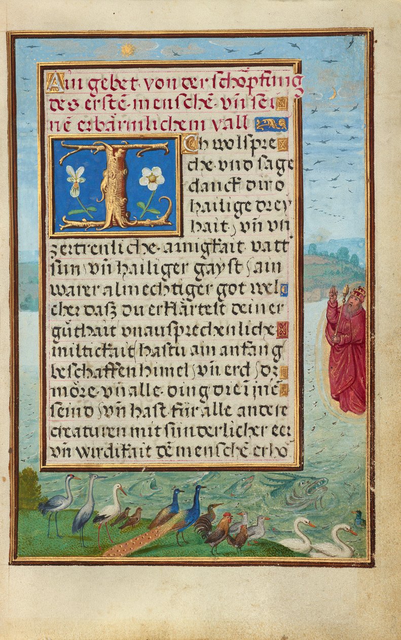 Bordüre mit der Erschaffung von Vögeln und Fischen av Simon Bening