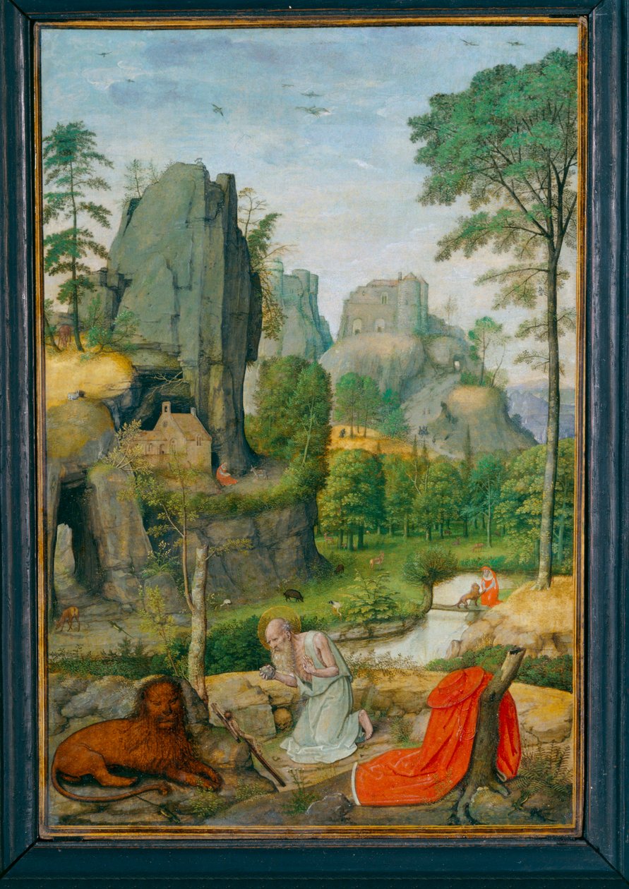 Paysage avec saint Jerôme penitent et la guerison du lion - Landskap med Sankt Jerome penitent och lejonets botgöring ... av Simon Bening