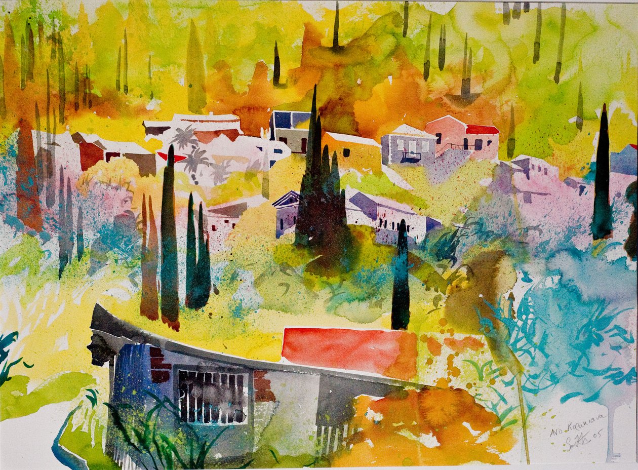 Ano Korakiana, Korfu, 2005 (akvarell på papper) av Simon Fletcher