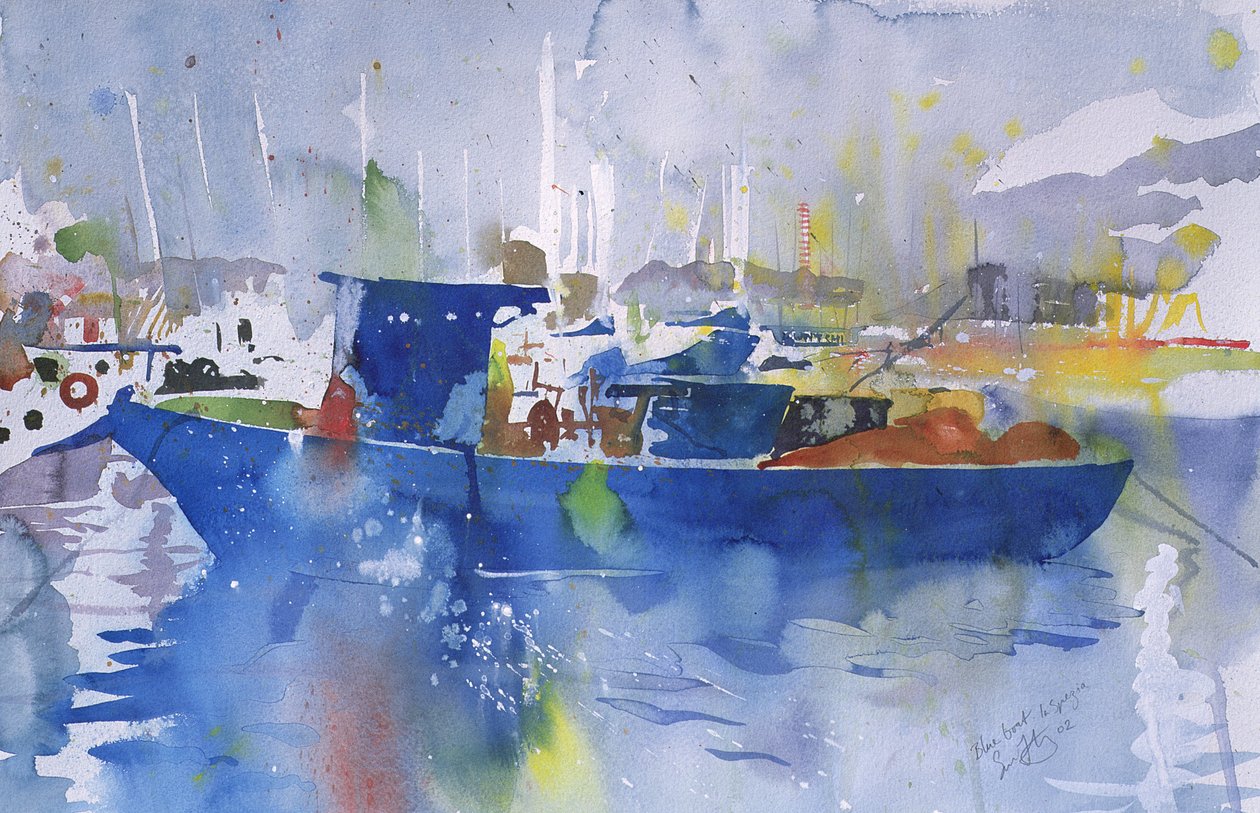 Blå båt La spezia, Italien, 2002 (akvarell) av Simon Fletcher
