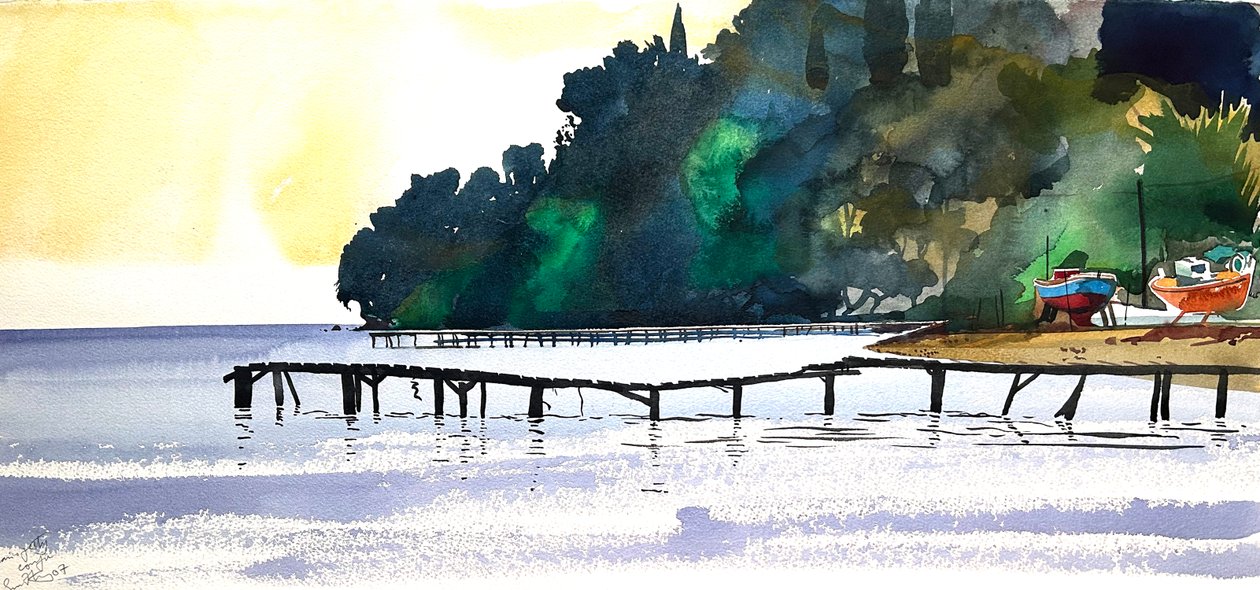 Bryggor på Korfu, 2007 (akvarell) av Simon Fletcher