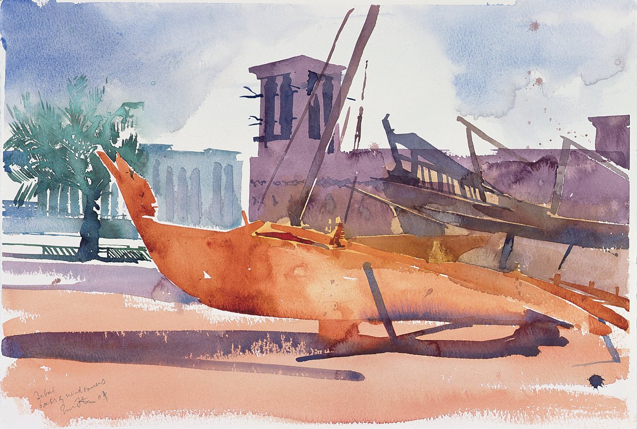 Dubai, Boats and Wind Towers, 2004 (akvarell på papper) av Simon Fletcher