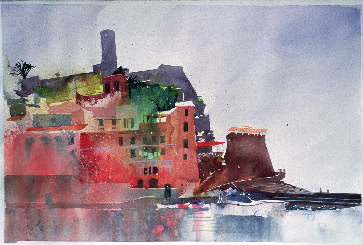 Fernazza, Åtta båtar, 2002 (akvarell på papper) av Simon Fletcher