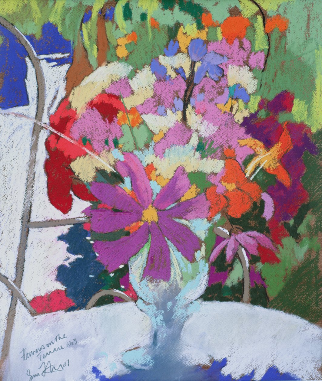 Blommor på terrassen 3, 2001 (pastell) av Simon Fletcher