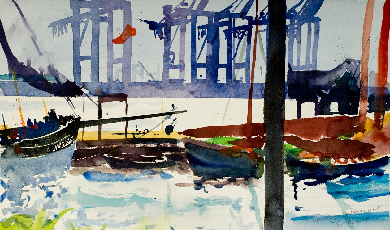 Hamburg, containerhamn, 2009 (akvarell) av Simon Fletcher