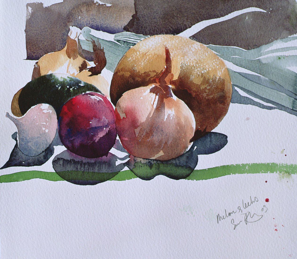 Melon och purjolök, 2003 (akvarell) av Simon Fletcher