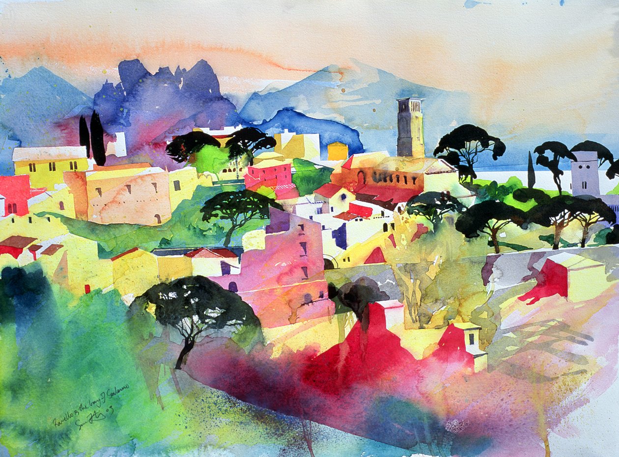 Ravello och Salernobukten, 2003 (akvarell på papper) av Simon Fletcher