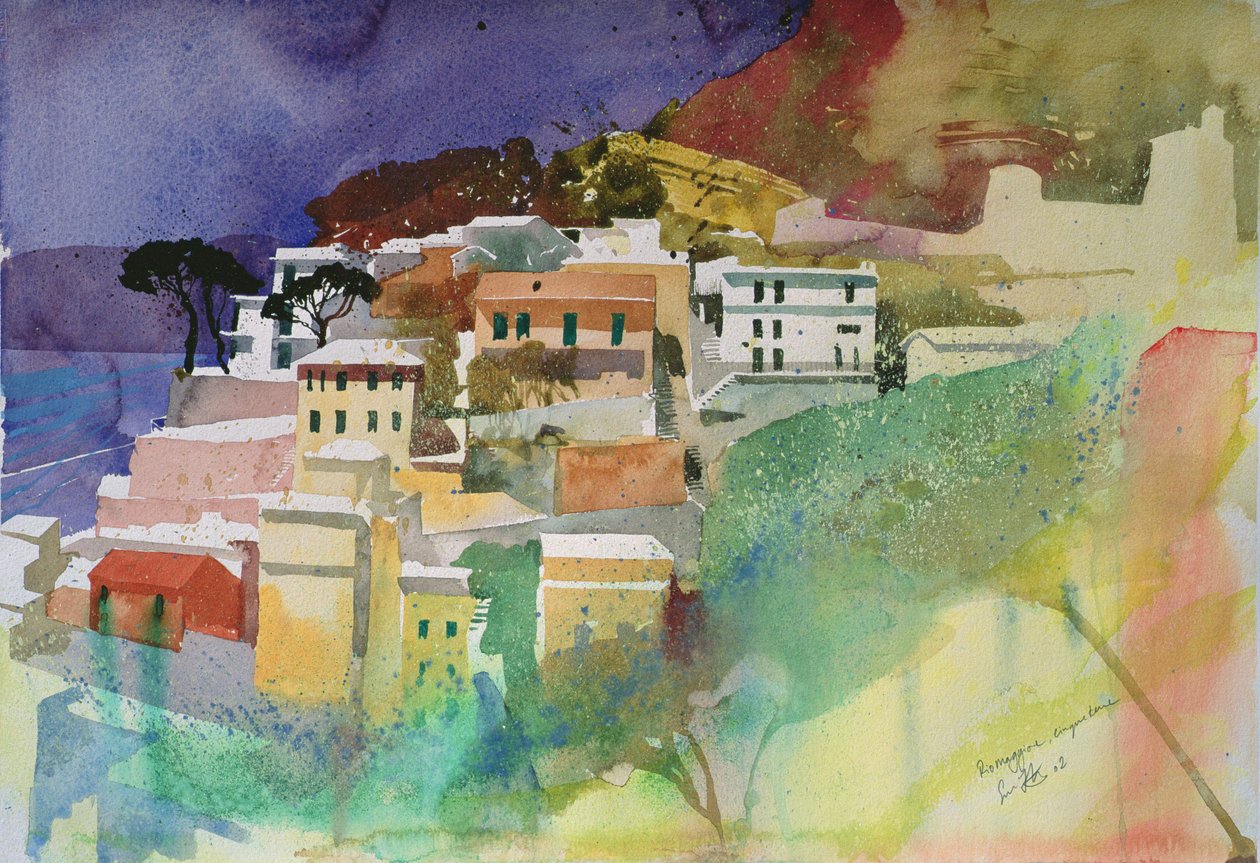 Riomaggiore cinqueterre, Italien, 2002 (akvarell) av Simon Fletcher