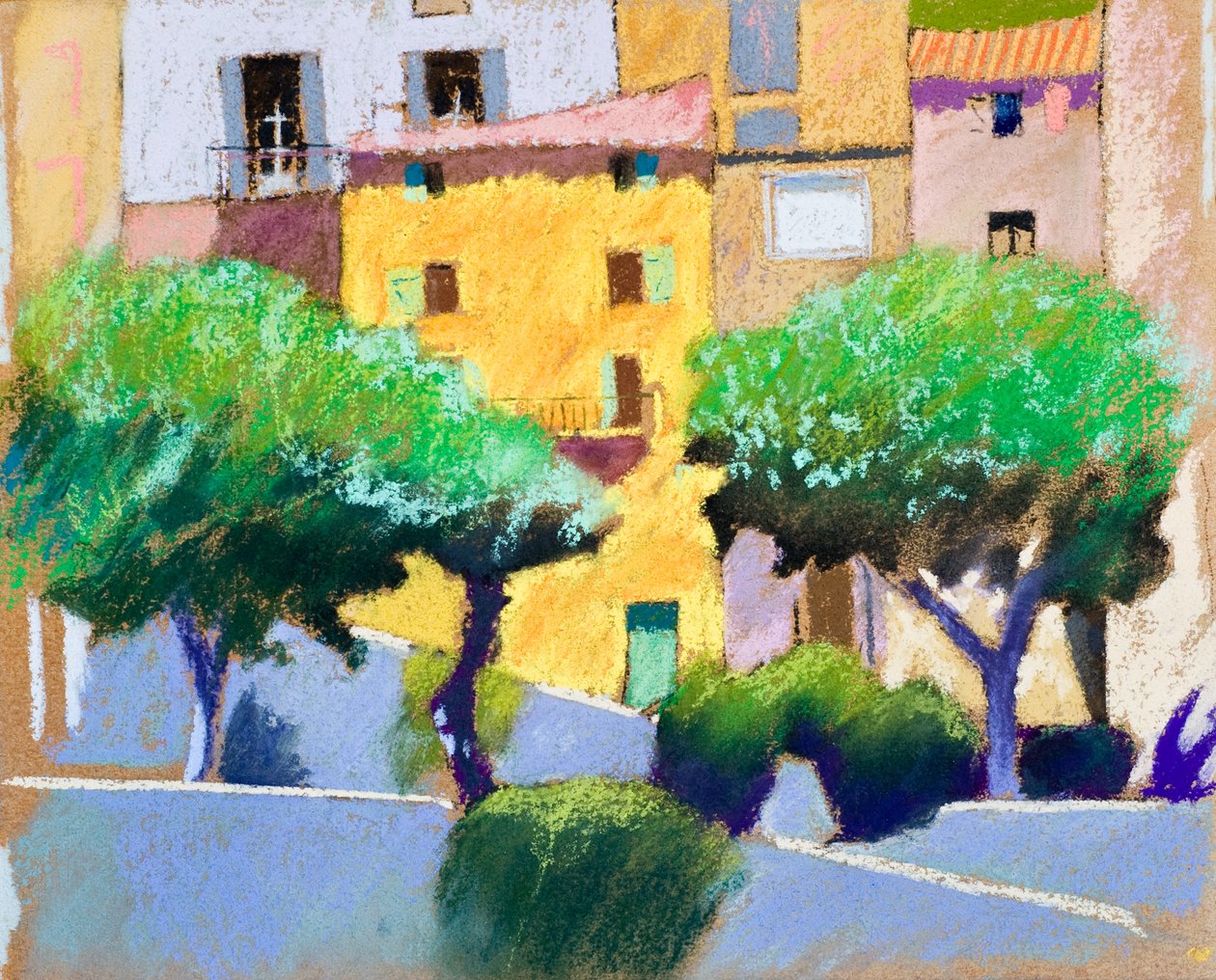 Roquebrun Facades (pastell på papper) av Simon Fletcher