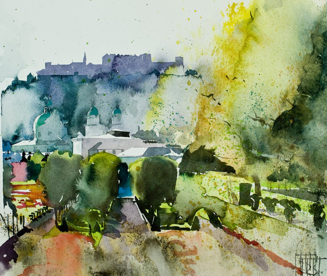 Salzburg från Mirabell-trädgården, 2008 (akvarell) av Simon Fletcher