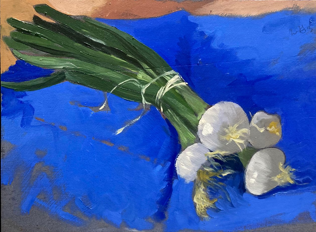 Scallions (olja på pannå) av Simon Fletcher