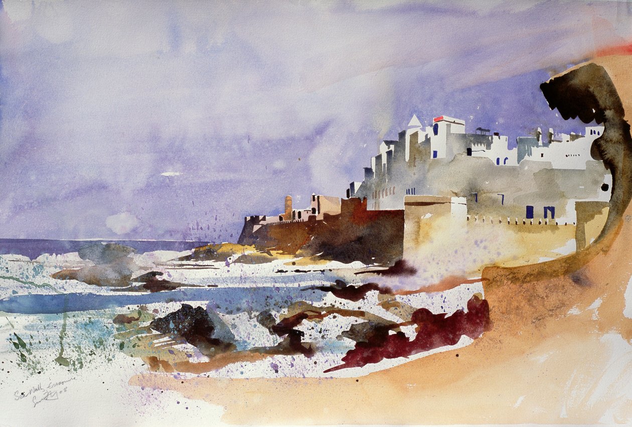 Sea Wall, Essaouira (akvarell på papper) av Simon Fletcher