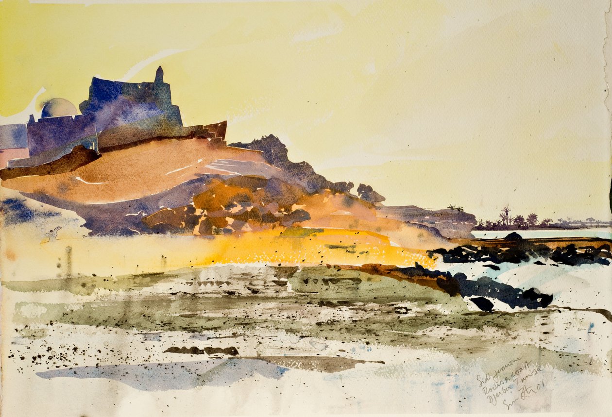 Sidi Jemour, klippor och kust,Djerba Tunisien, 2000 (akvarell) av Simon Fletcher