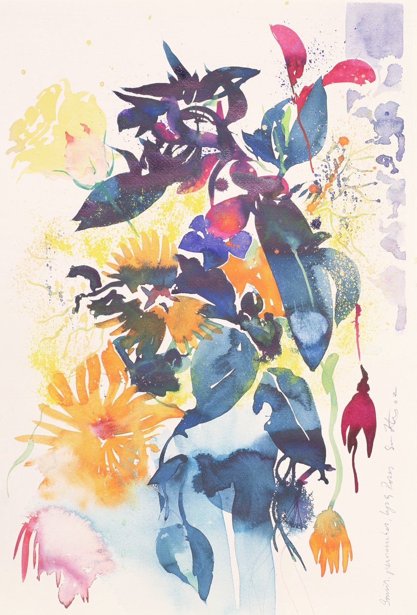 Ringblommor, persika, lilja, ros, 2002 (akvarell) av Simon Fletcher