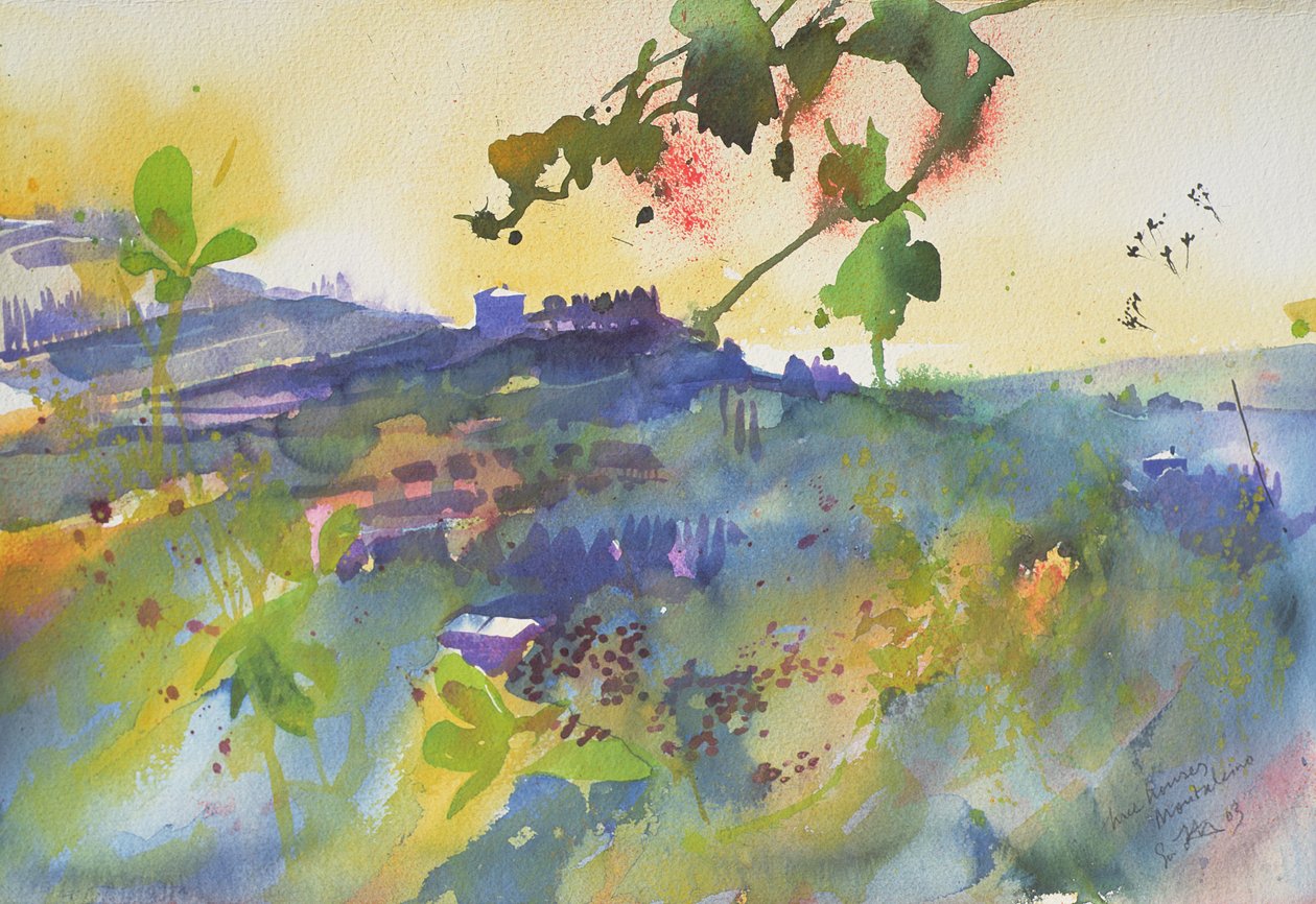 Tre hus Montalcino, Italien, 2003 (akvarell) av Simon Fletcher