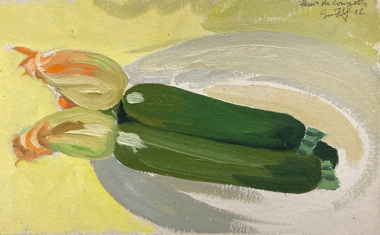 Två zucchini (olja på brädan) av Simon Fletcher