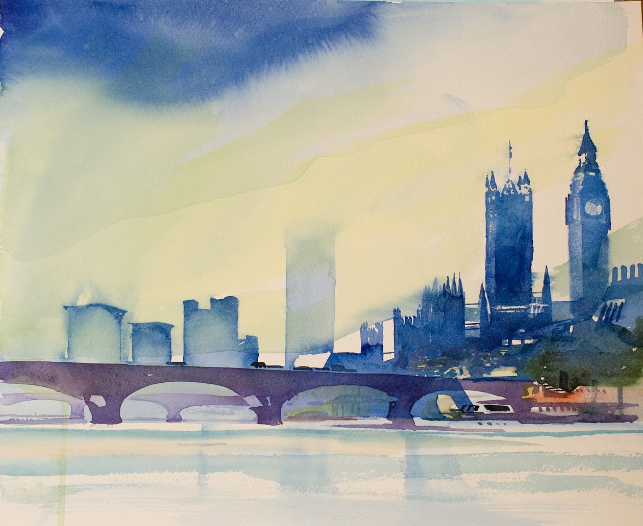 Westminster från gångbron, 2016 (akvarell) av Simon Fletcher