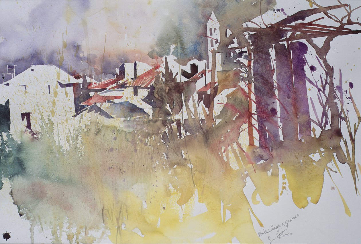 Vinterby och gräs, Frankrike, 2008 (akvarell) av Simon Fletcher