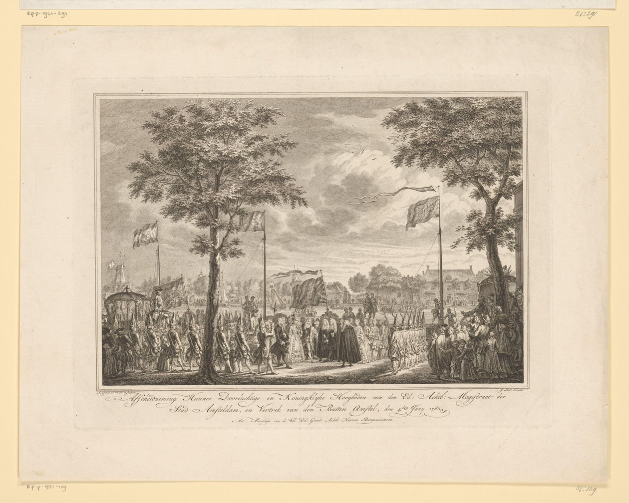 Farväl till Willem V och hans fru på Buiten Amstel, 1768 Farväl till deras fridfulla och kungliga högheter van den Ed: Achtb: Magistrate of the City of Amsteldam, och den Buiten Amstels avgång, den 4 juni 1768 (titel på objektet) Bild av Simon Fokke