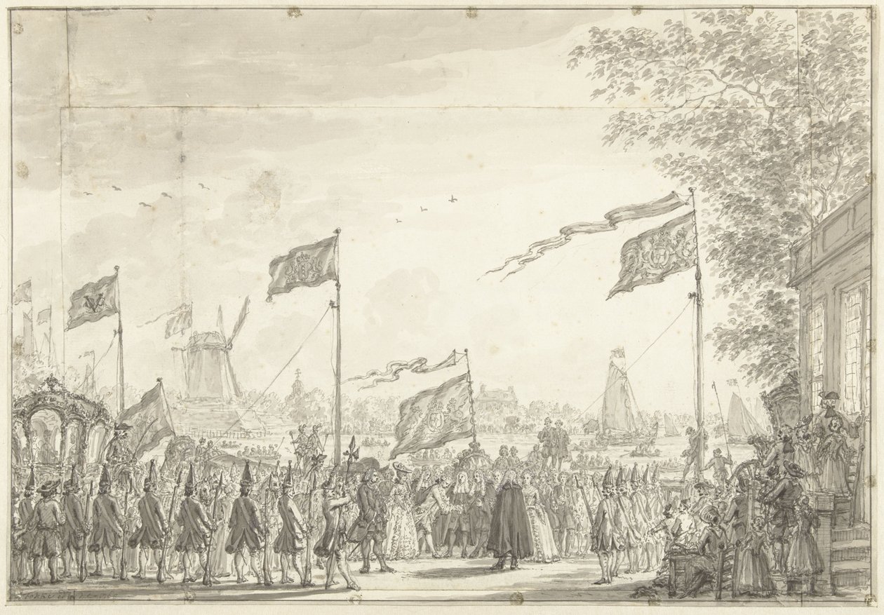 Farväl till Willem V och hans hustru på Buitenamstel, 1768 av Simon Fokke