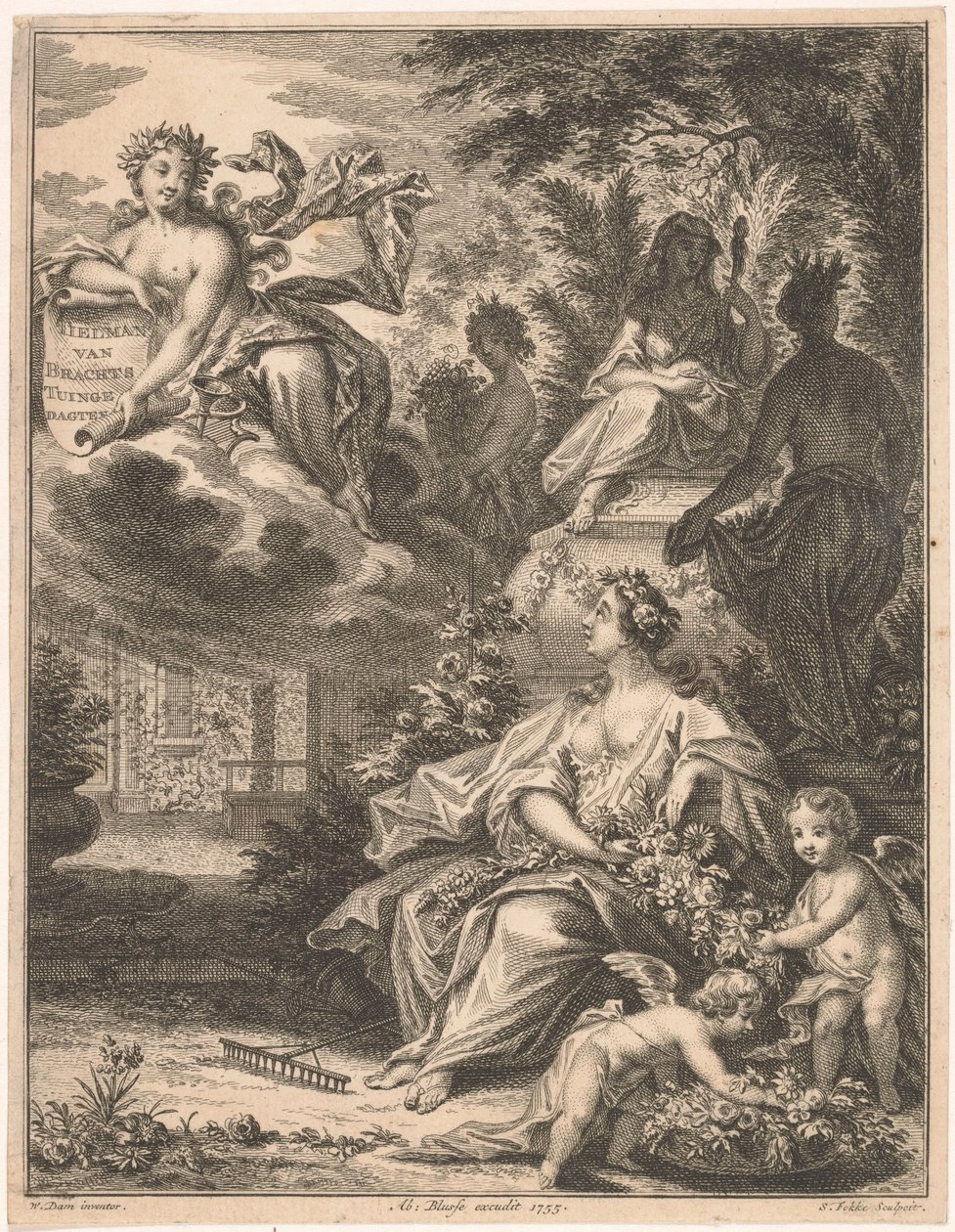 Flora i en trädgård Titelsida för: Tielman van Bracht, Tuingedagen. I sex kurser, 1754 av Simon Fokke