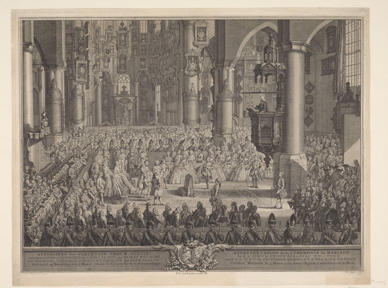Karel Christiaan van Nassau-Weilburgs äktenskap med prinsessan Carolina, 1760 Bild av den högtidliga bröllopsstationen för (...) Prince of Nassau Weilburg med (...) Carolina van Oranje & Nassau onsdagen den 5 mars 1760 i Groote Kerk in 