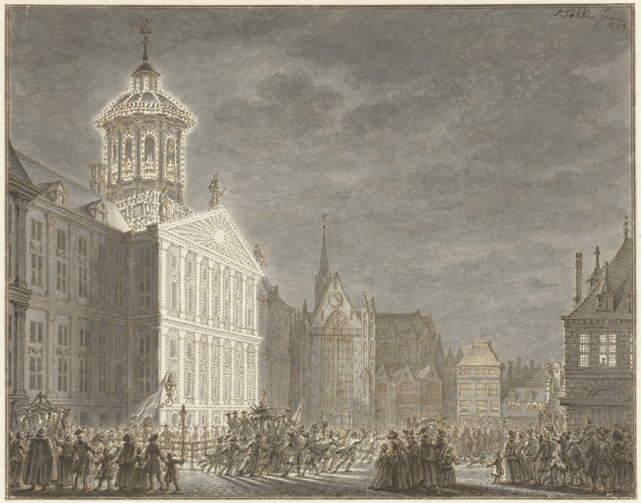 Belysning av rådhuset för Vilhelm V och Wilhelmina av Preussen, 1768 av Simon Fokke
