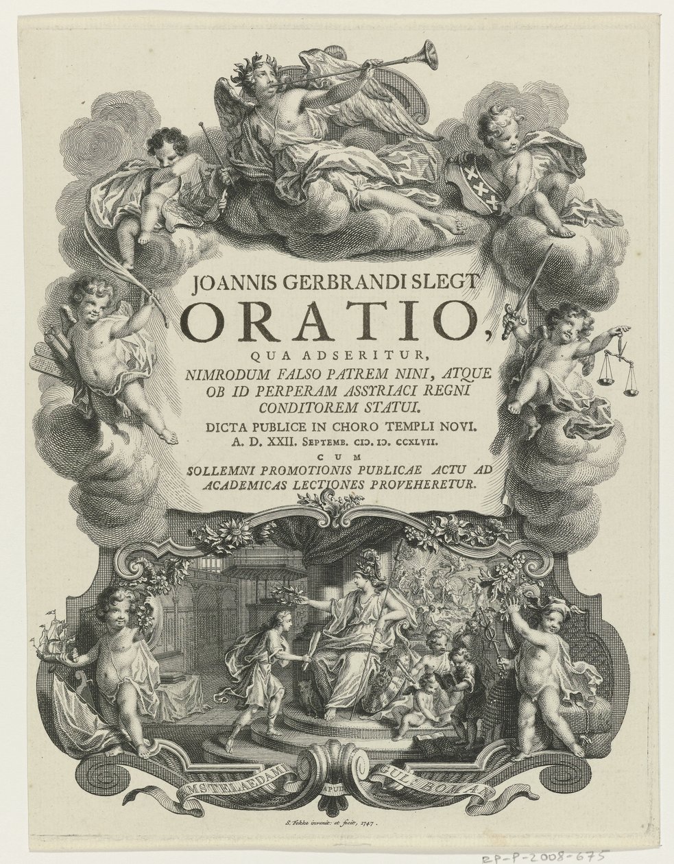Minerva lauwert een jongeman met bul Titelsida för: J.G. Slegt, Oration där det hävdas att Nimrod falskeligen är far till Nina (...), 1747 av Simon Fokke