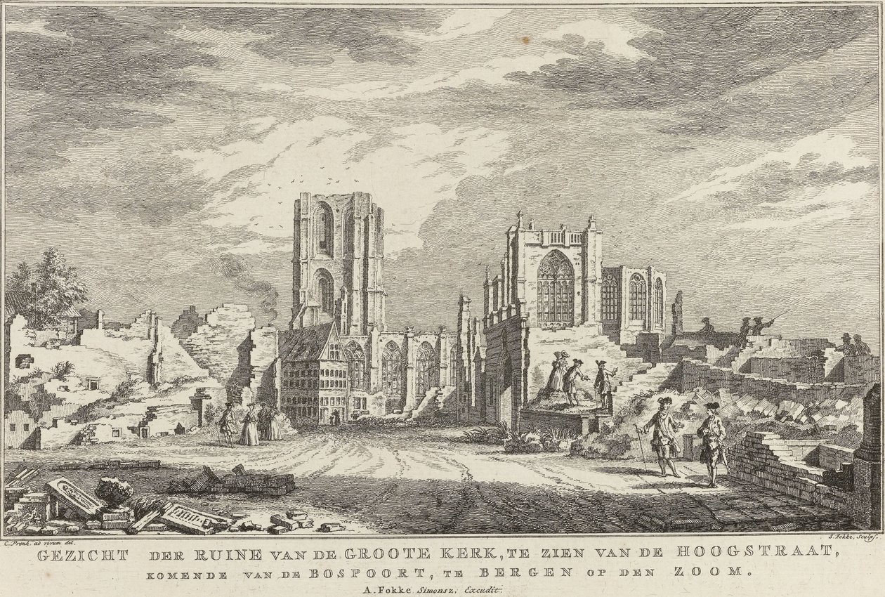 Ruinen av den stora kyrkan i Bergen op Zoom, 1748 Utsikt över ruinerna av Groote Kerk, sett från Hoogstraat, från Bospoort, i Bergen op den Zoom (titel på objekt) Tio ansikten av ruinerna efter belägringen och förstörelsen av Bergen op Z av Simon Fokke