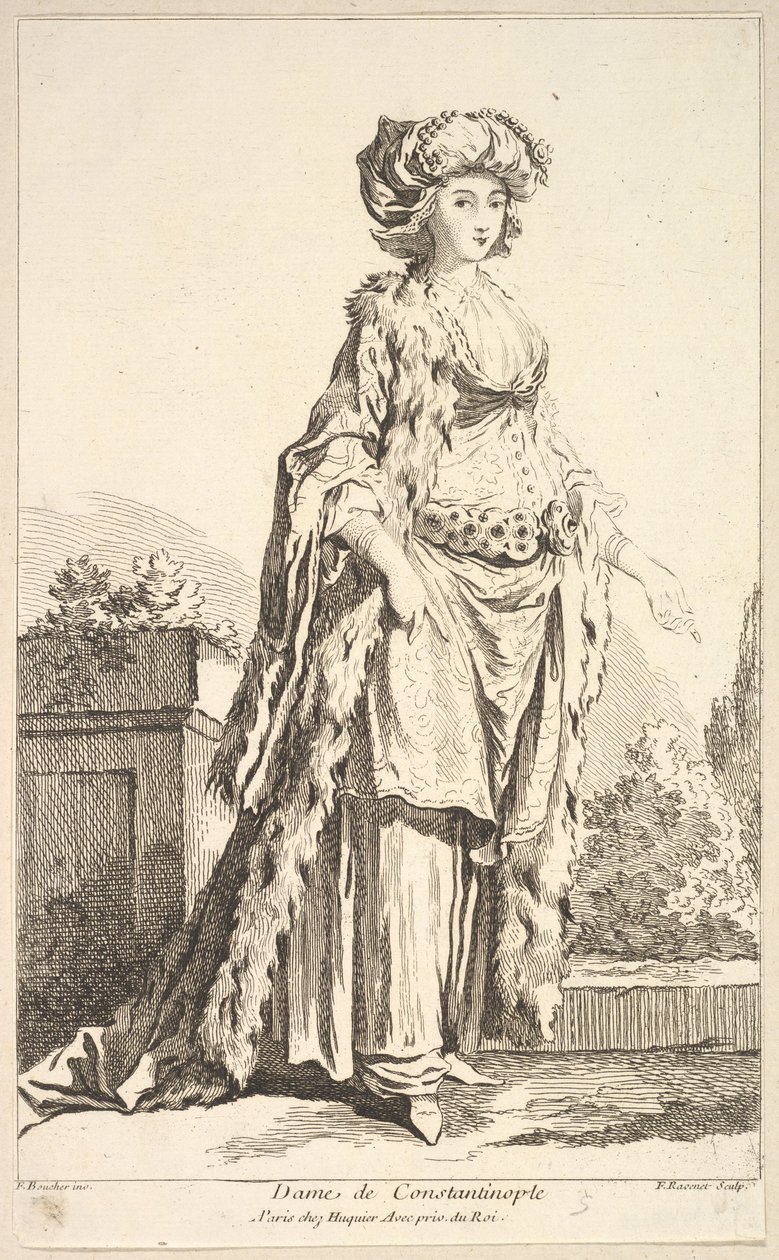 Damen av Konstantinopel, från Recueil de olika utländska figurer Uppfunnen av ..., 1700-talet. av Simon Francois Ravenet