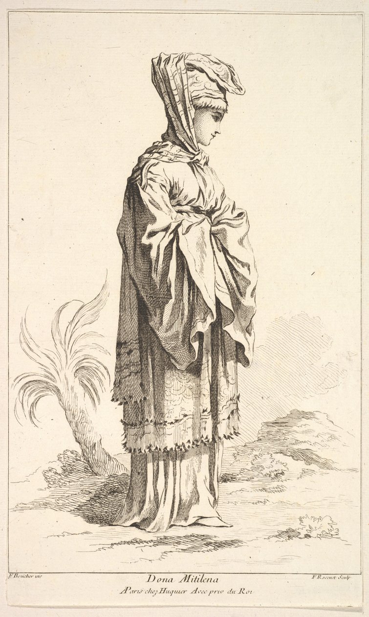 Dona Mitilena, från Samling av olika utländska figurer Uppfunnen av F. Bouche..., 1700-talet. av Simon Francois Ravenet