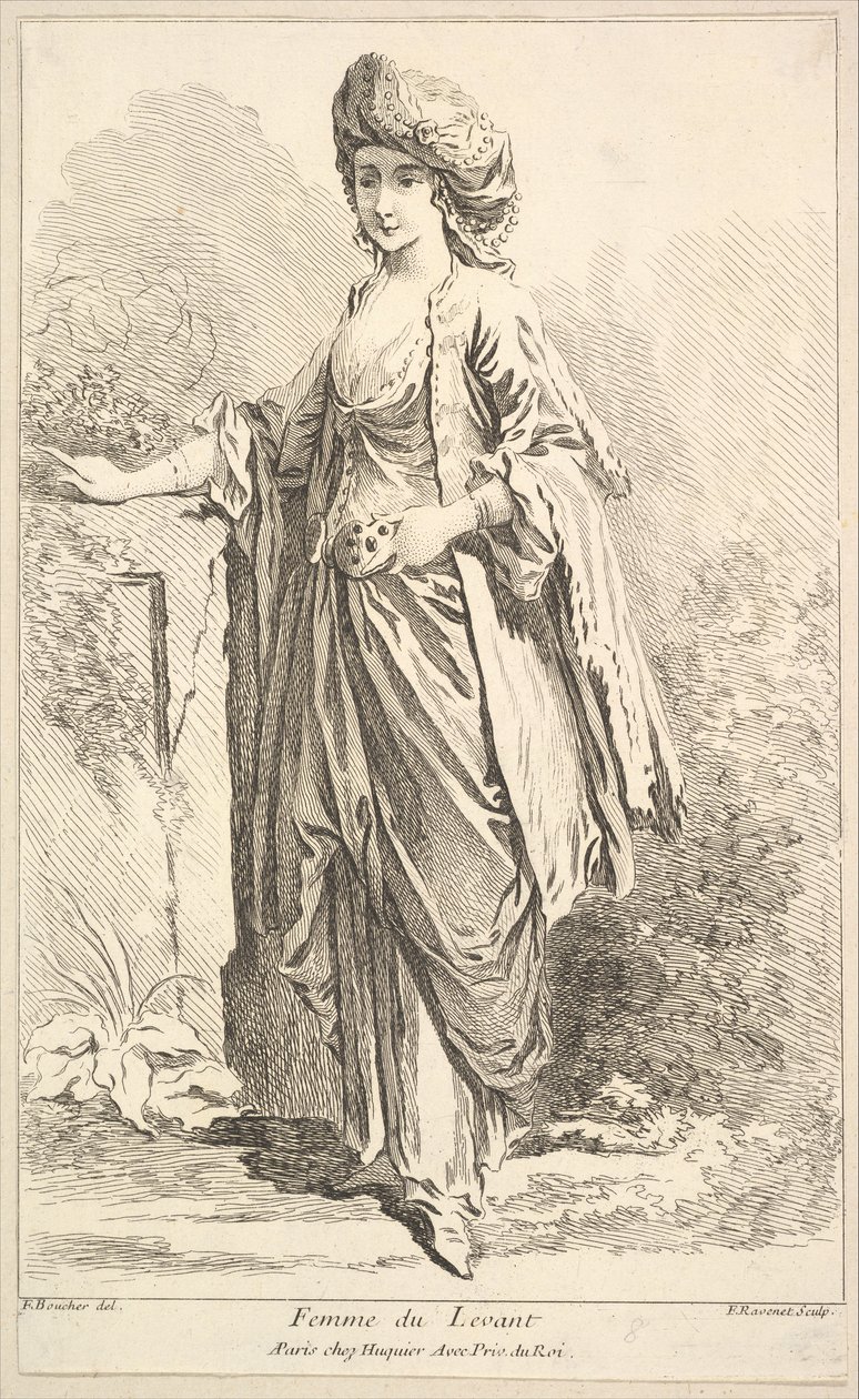 Levantens kvinna, från Samling av olika utländska figurer Uppfunnen av F. Bouc..., 1700-talet. av Simon Francois Ravenet