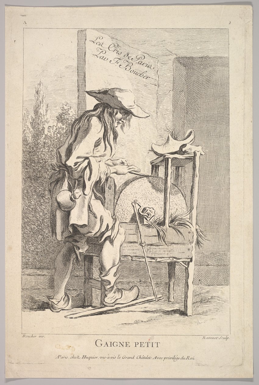 Frontispice: Gaigne Petit, från Le Cris de Paris The Cries of Paris, skylt 1, 1700-talet. av Simon Francois Ravenet
