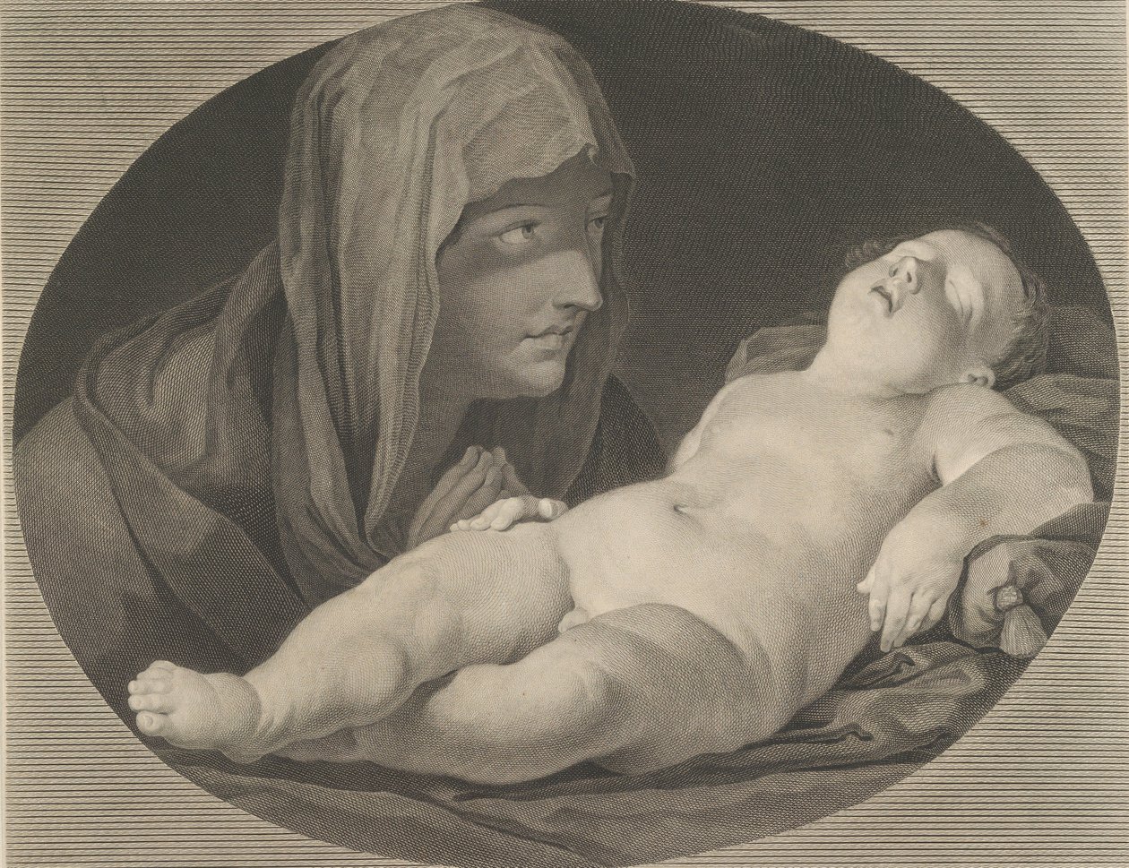 Jungfrun i bön, tittar på det sovande spädbarnet Kristus, i en oval ram, efter Reni,..., 1765. av Simon Francois Ravenet