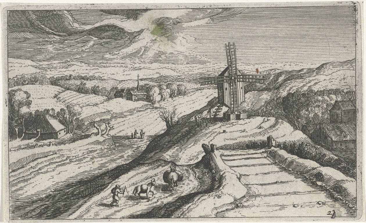 Kuperat landskap med en väderkvarn Olika landskap (serietitel) Topographia variarum regionum (serietitel) av Simon Frisius (attributed to)